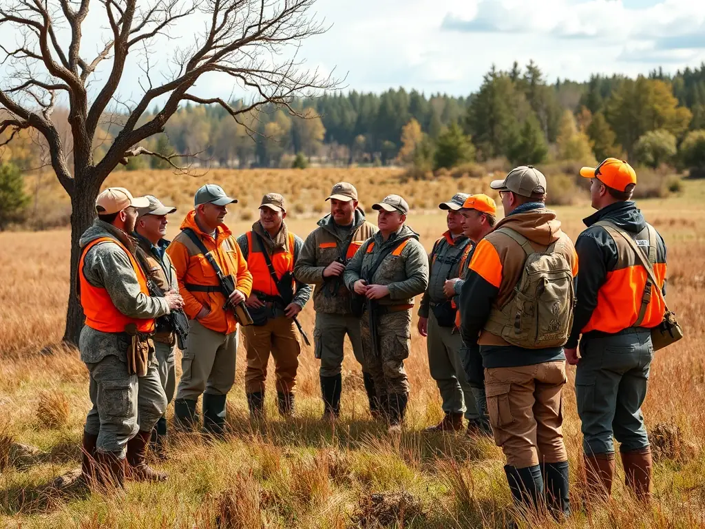 A group of hunters participating in a training session outdoors, with instructors demonstrating safety procedures.