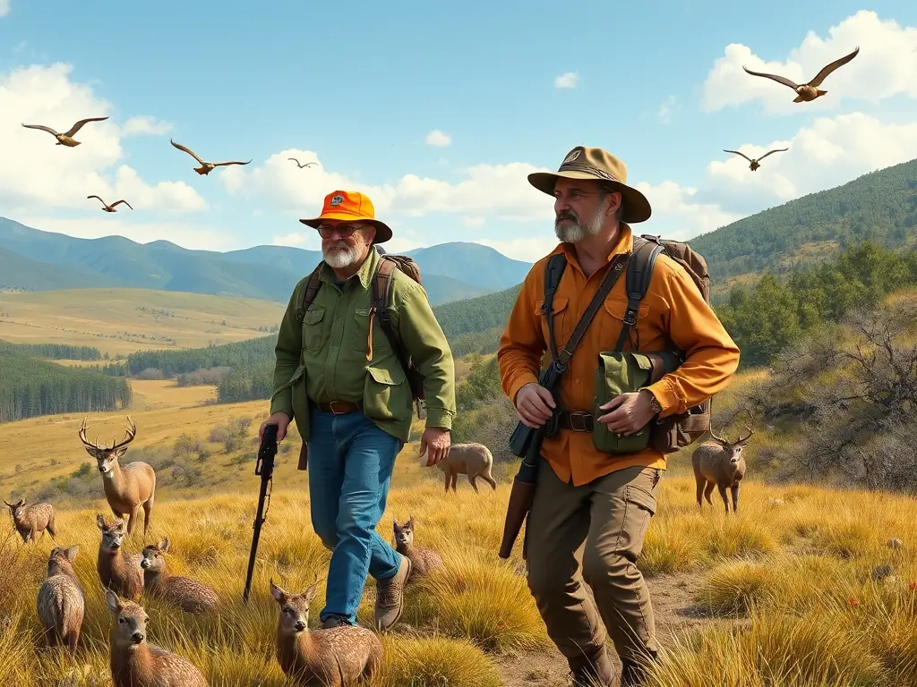 A scenic image of hunters in the Glaizil region, with wildlife and natural landscapes in the background.