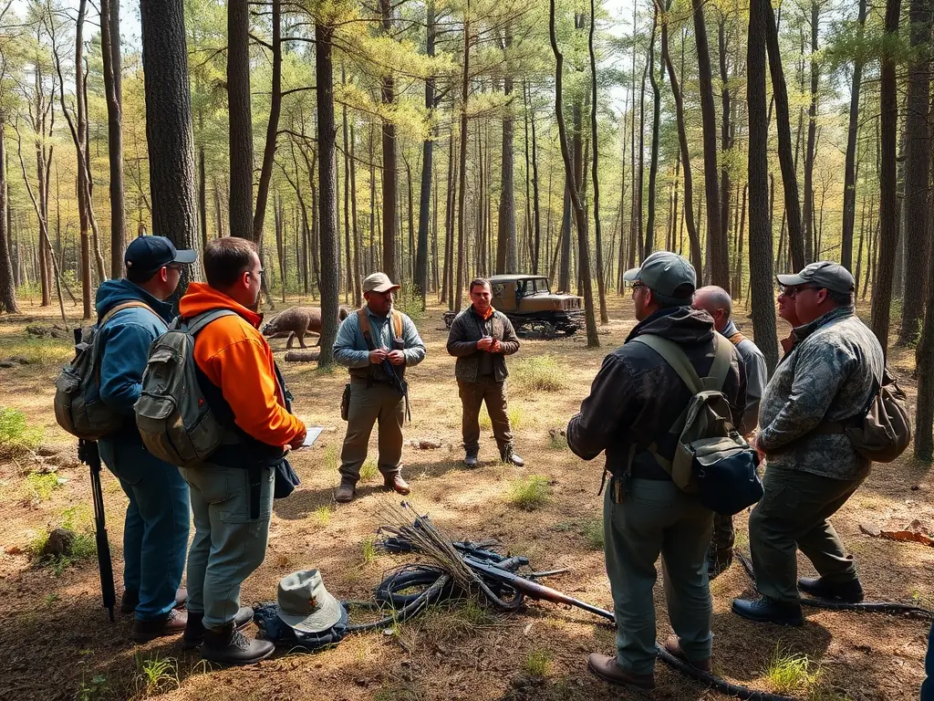 A group of hunters participating in a training session, learning about wildlife management techniques and safe hunting practices from experienced instructors.
