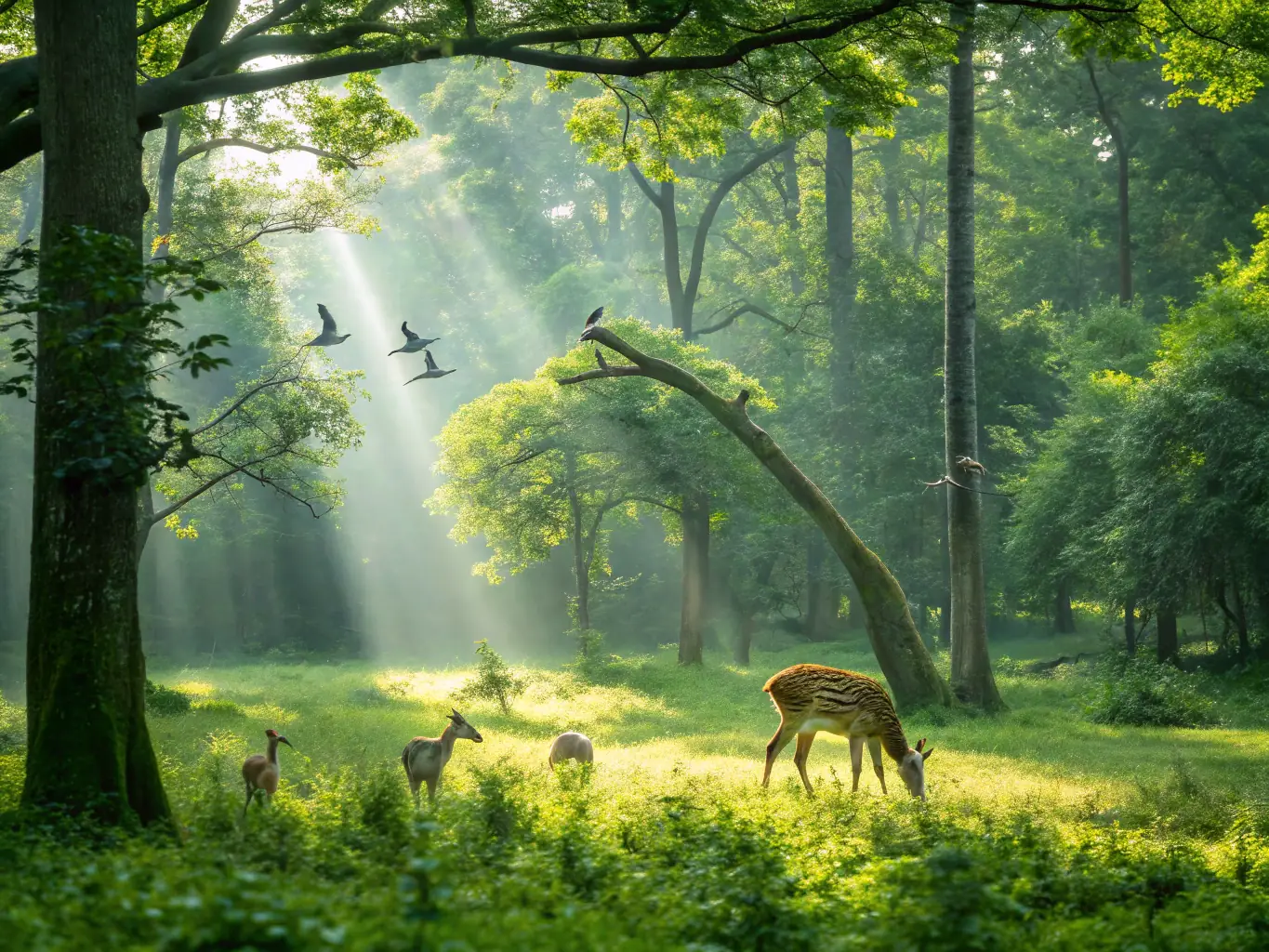 An image of a lush forest with wildlife, including deer and birds, illustrating habitat preservation efforts.