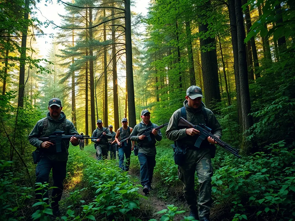 A picturesque landscape featuring hunters in camouflage gear strategically positioned in a dense forest during the opening day of the hunting season, emphasizing responsible hunting practices.