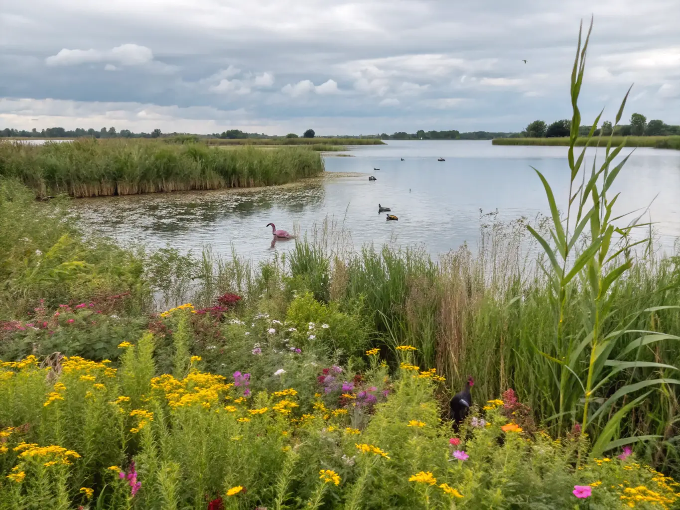 A serene image of a restored wetland habitat, showcasing the positive impact of conservation efforts on local wildlife populations and the natural environment.